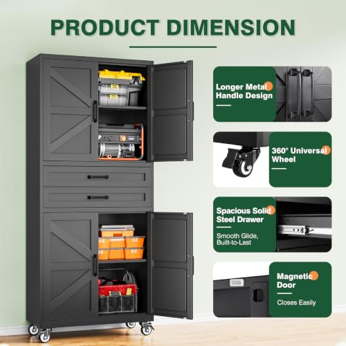 Letaya Metal Garage Storage Cabinets with Wheels,Black Rolling Tool Cabinet - color: Black, size: 16” D x 31.5” W x 73” H