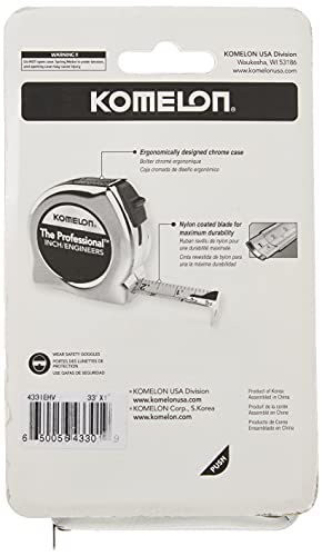 Komelon 433IEHV High-Visibility Professional Tape Measure both Inch and Engineer Scale Printed 33-feet by 1-Inch, Chrome - size: 10.1 m