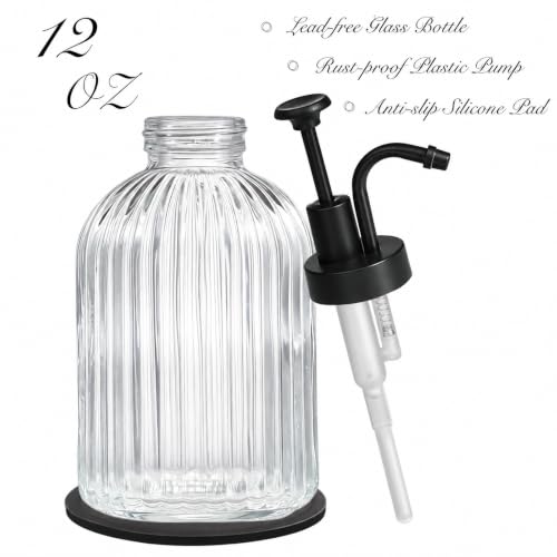 SheeChung 12oz Clear Glass Liquid Soap Dispenser,Black Pump, Striped,2 Pack - color: Clear, Black Pump, 2pcs