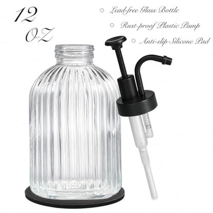 SheeChung 12oz Clear Glass Liquid Soap Dispenser,Black Pump, Striped,2 Pack - color: Clear, Black Pump, 2pcs