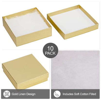 Cardboard Jewelry Boxes 10 Pack - 3.5"x3.5"x1" Bulk Cotton Filled Small Gift Boxes with Lids for Jewelry Packaging (Gold Linen) - color: Gold Linen