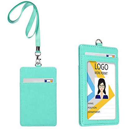Teskyer Leather ID Badge Holder with Lanyard, Vertical Cyan - color: Green, size: Vertical