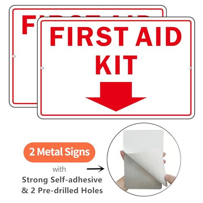 First Aid Sign, (2 Pack) Self Adhesive First Aid Kit Sign for Wall, Aluminum Metal Signs With 2 Pre-drilled Holes (9 x 6 inches, White/Red) - color: White /Red