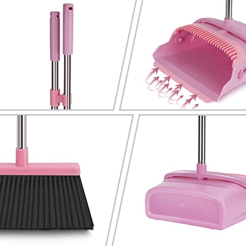 Broom and Dustpan Set for Home, Office, Indoor&Outdoor Sweeping, Stand Up Broom and Dustpan (Pink) - color: Pink