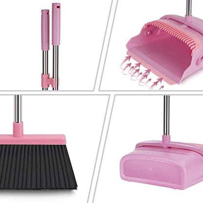 Broom and Dustpan Set for Home, Office, Indoor&Outdoor Sweeping, Stand Up Broom and Dustpan (Pink) - color: Pink