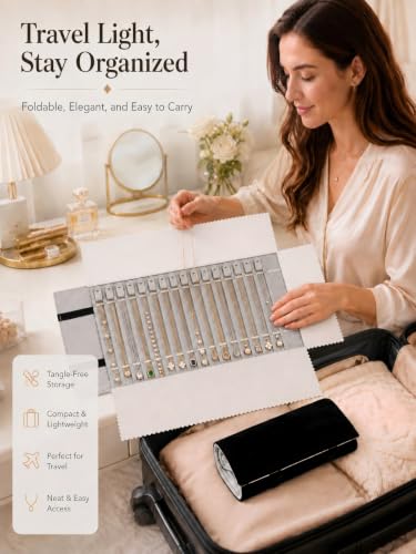 Travel Necklace Organizer, Tangle Free Jewelry Case, 16 Slots - color: Black and Gray