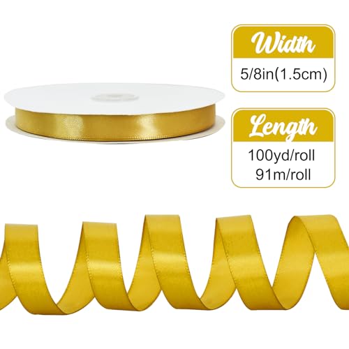 TONIFUL 100yd 5/8 Inch Gold Satin Ribbon Christmas Gift Wrapping Ribbons - color: Dark Gold, size: 5/8 in x 100 yds