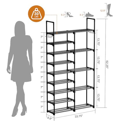 WOWLIVE 9 Tier 2-Column Shoe Rack, 30-35 Pairs Stackable Black - color: Black, size: 2 Row 9 Tier