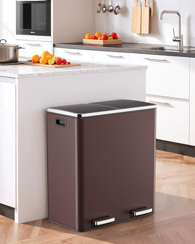 60L(16 Gal) Dual Trash Can, Stainless Steel Kitchen Garbage Can, Double Compartment Classified Rubbish Bin, Recycle Dustbin w/Plastic Inner Buckets, Handle, Soft-Close Lid, Airtight, Brown - color: Brown