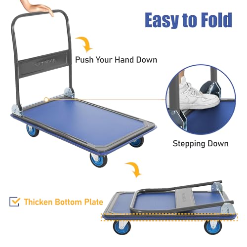 Olympia Tools Foldable Push Cart Dolly - 600 Lb. Capacity Heavy Duty Platform Truck with 360° Swivel Wheels - Blue - style: 600 Lb.