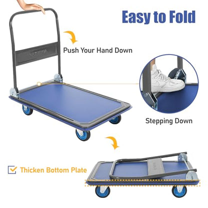 Olympia Tools Foldable Push Cart Dolly - 600 Lb. Capacity Heavy Duty Platform Truck with 360° Swivel Wheels - Blue - style: 600 Lb.