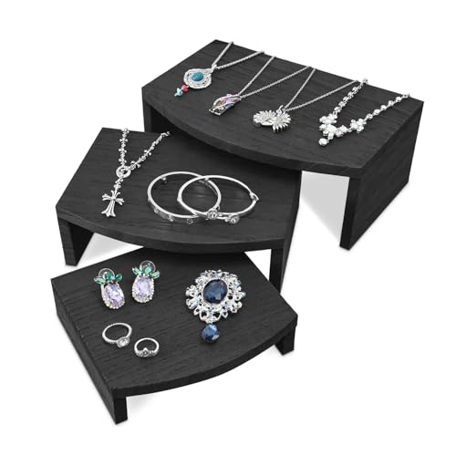 MOOCA 3-Piece Wood Hexagon Jewelry Display Stand Risers for Accessories - color: Black
