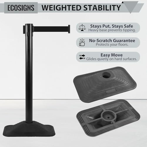 ECOSlGNS 8 Pack Heavy Duty Crowd Control Stanchions for Banks, Events, Retail w/ 10ft Retractable Belt, Non-Slip Weighted Rubber Base (Black) - color: Black, size: Rectangle Base - 8 Pack