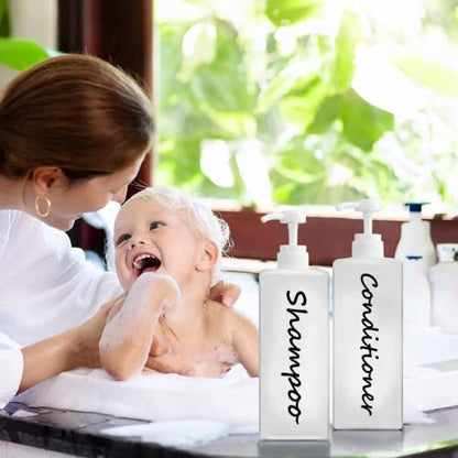 21oz Shampoo and Conditioner Dispenser (Set of 3) Modern Refillable Shampoo Pump Bottles for Shower Soap - Empty Shampoo Conditioner Body Wash Dispenser Set - Stylish Permanent Labels - for Bathroom - color: White