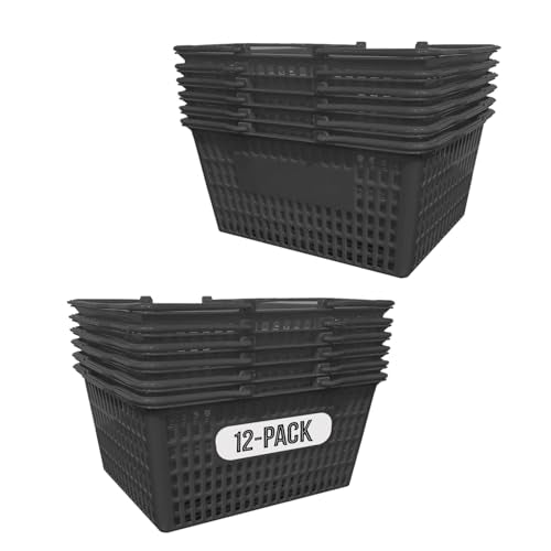 Stackable Plastic Shopping Baskets, Black, Easy-Grip Handles for Grocery, Retail, Liquor Stores, Home Use (Black, 12-pack) - size: 12-pack