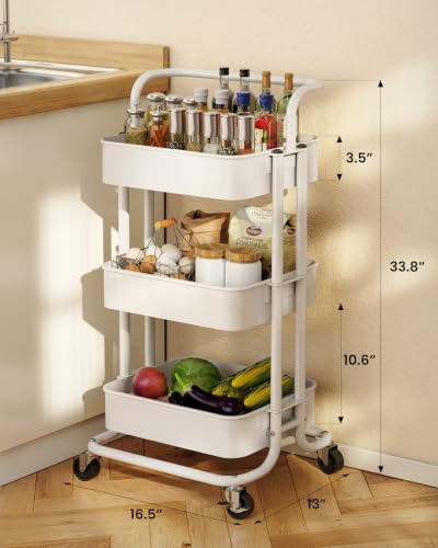 Pipishell 3 Tier Rolling Cart, Utility Cart with Wheels & Handle, White - color: White, size: 3-Tier