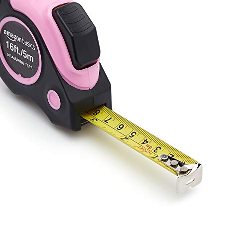 Amazon Basics Retractable Tape Measure with Metric and SAE Measurements, 16ft/5m, Belt Clip, Readable, Pink - color: Pink