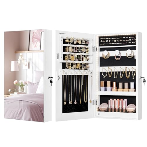 SONGMICS Lockable Jewelry Cabinet Armoire with Mirror, Wall-Mounted - color: White, style: Simple LED