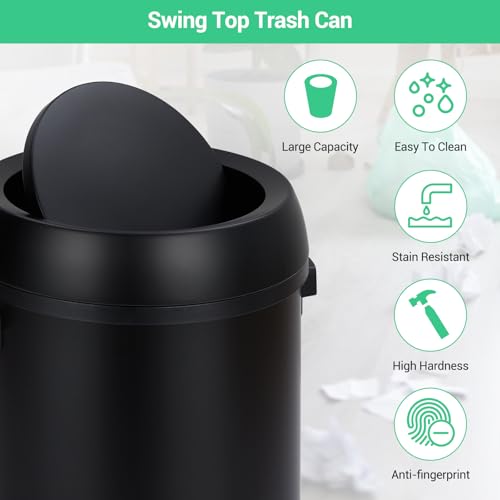 Garvee 17 Gal/65 L Trash Can, Fingerprint-Proof Stainless Steel Swing Top Garbage Can, Heavy Duty Commercial Round Trash Bin with Swing Lid for Restaurant, Home, Office, Black - color: Black, size: 17 Gallon Swing Top