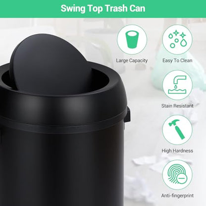 Garvee 17 Gal/65 L Trash Can, Fingerprint-Proof Stainless Steel Swing Top Garbage Can, Heavy Duty Commercial Round Trash Bin with Swing Lid for Restaurant, Home, Office, Black - color: Black, size: 17 Gallon Swing Top