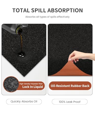2 Pack Heavy Duty Oil Spill Mat, Garage Floor Mat, 63" x 31" Waterproof Rubber Backing Oil Absorbent Pads, 1/5" Thick Reusable Under Auto Repair Mat for Garage Floor Surface Protection-Black