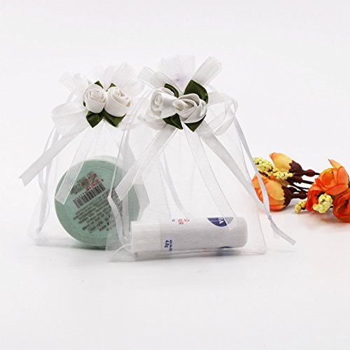 SumDirect Rose Organza Gift Bags - 50Pcs 4x5 inch White Wedding Favor Gift Bags, Jewelry Pouches with Drawstring for Party Wedding Christmas Valentine - color: White