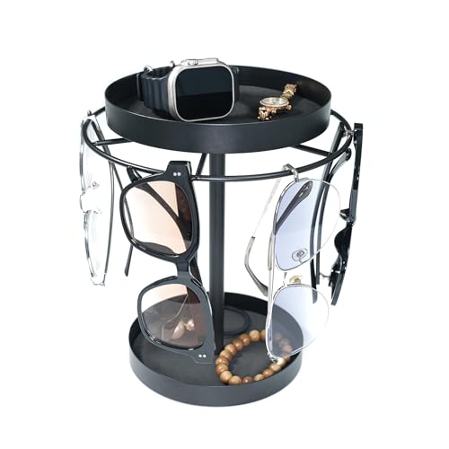 360° Rotating Sunglass Organizer Stand with Jewelry Tray, Black