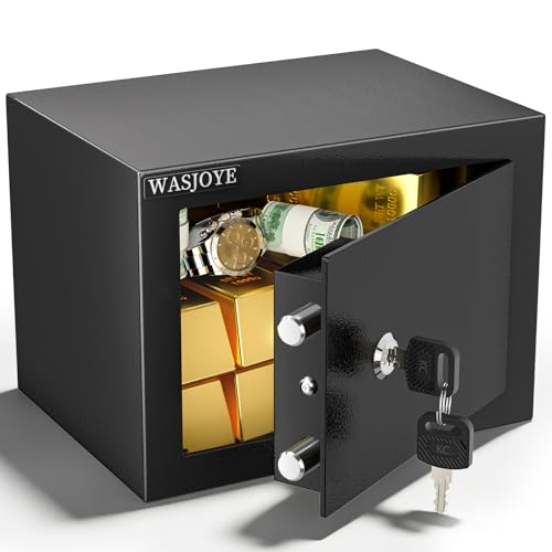 WASJOYE Small Safe with Key for Money, 0.25 Cu Ft Key Lock Box (Black) - size: 0.25 Cu Ft Black