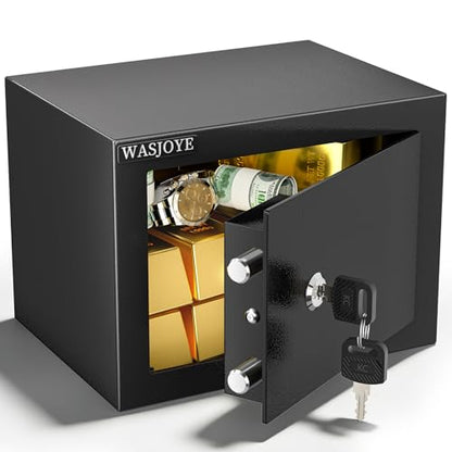 WASJOYE Small Safe with Key for Money, 0.25 Cu Ft Key Lock Box (Black) - size: 0.25 Cu Ft Black