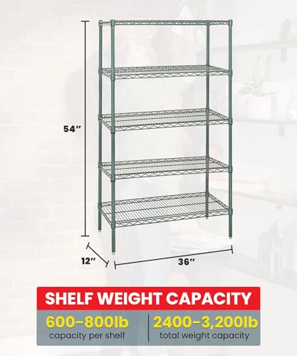 QUANTUM STORAGE SYSTEMS WR54-1236P-5 Starter Kit Wire Shelves Green Epoxy 5 Shelves 54" H x 36" W x 12" D - color: Green Epoxy, size: 54H x 36W x 12D