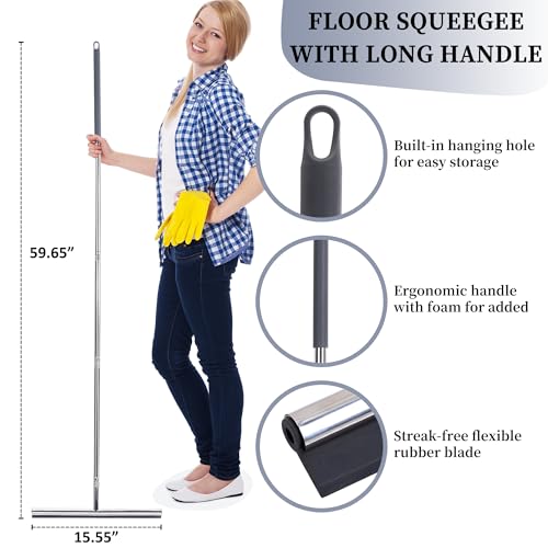 Professional Heavy-Duty Floor Squeegee, 15" Wide Silicone Blade & 19"-59" Adjustable Pole, for Garage Floor, Driveway, Tile & Patio – Effortless Water Removal, Rust-Proof