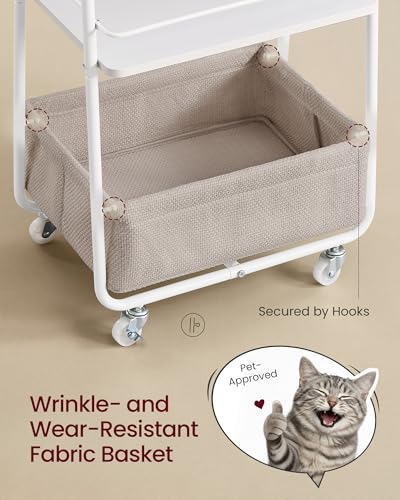 VASAGLE Storage Cart with Fabric Basket, 3-Tier Rolling Utility Cart - color: Cloud White + Camel Brown, style: 16.9"D x 11.8"W x 31.9"H