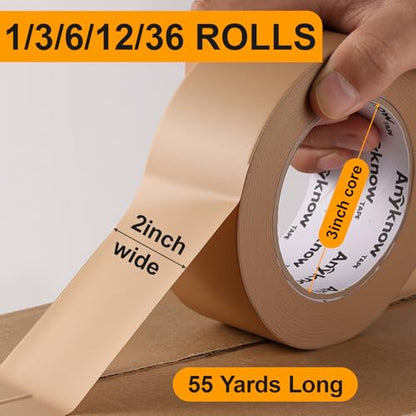 6-Pack Brown Kraft Paper Packing Tape 2 in x 55 Yd Heavy Duty Tape