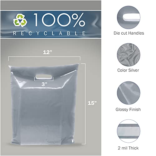 12x15 Silver Plastic Bags, Medium, Glossy Finish, 2 Mil Thick, 100 Pack