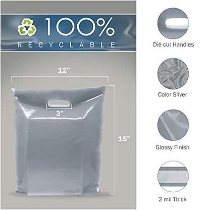 12x15 Silver Plastic Bags, Medium, Glossy Finish, 2 Mil Thick, 100 Pack