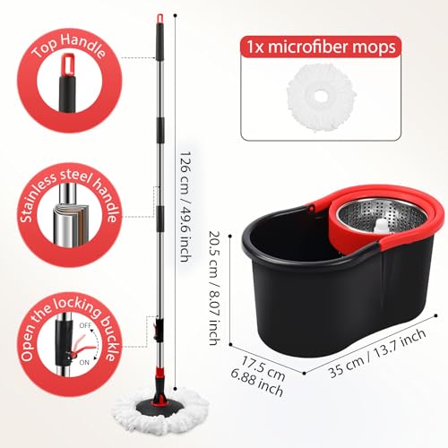 Spin Mop and Bucket, Mop and Bucket with Wringer Set for Home, 360 Spinning Mop Bucket Floor Cleaning Tool with 1 Microfiber Mop Replacement Head,50" Stainless Steel Handle (Black-Includes 1 mop) - color: Black-includes 1 Mop