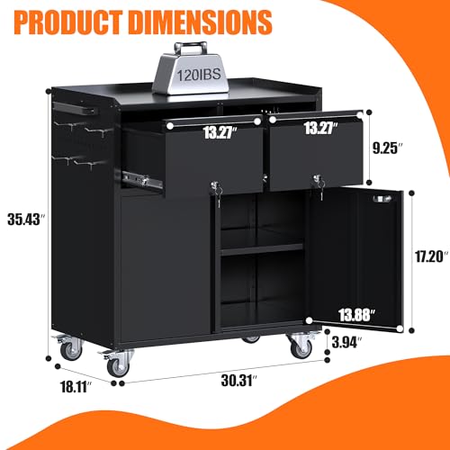 Metal Tool Cabinet with 2 Drawers, Adjustable Shelf & Wheels, Black - color: Black, size: 18.11"D x 30.31"W x 35.5"H