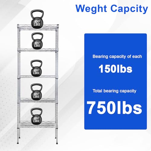 FDW | 5-Tier Wire Shelf | 17" x 12" x 48" | Chrome - color: Chrome, size: 5-Shelf Small No Wheels
