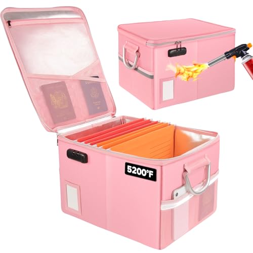 TOMKID 5200°F Fireproof Document Box, Fire Important Document Organizer with Lock, Upgraded Heat Insulated Filing Storage Cabinet Office Organization (5200°F Fireproof Box, Pink) - color: Pink-Upgrade