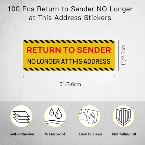 100PCS Return to Sender No Longer at This Address Stickers,3x1 Inch Self Adhesive Label Please Return to Sender Stickers for Letter Envelope Mailbox Postal Service Cartons Shipping(Yellow)