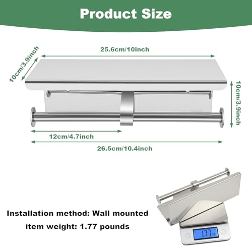 Double Roll Toilet Paper Holder with Shelf, 304 Stainless Steel Wall Mount Tissue Roll Holder for Bathroom, Commercial Toilet Paper Holder Toilet Tissue Dispensers with Phone Shelf (Silver)