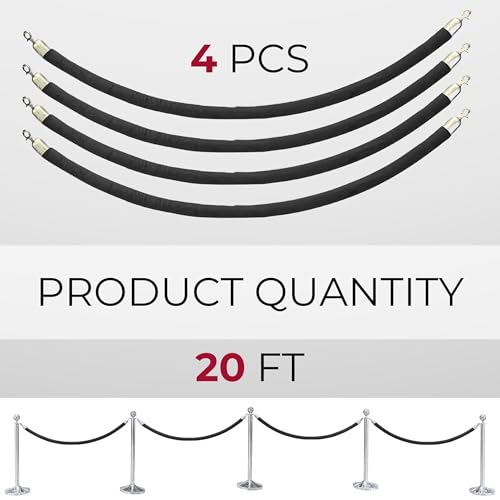 4 PCS Black Velvet Rope - 5 Ft Black Velvet Rope for Ceremonies Safe for Parties Crowd Queue Line Control Hanging Stanchion Tape - color: Black + Silver
