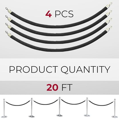 4 PCS Black Velvet Rope - 5 Ft Black Velvet Rope for Ceremonies Safe for Parties Crowd Queue Line Control Hanging Stanchion Tape - color: Black + Silver