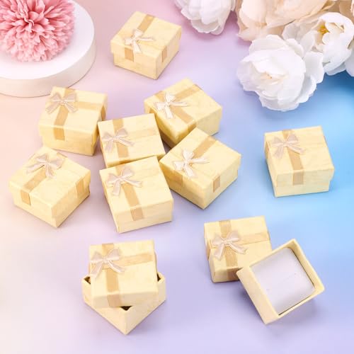Craftdady 12 Pack Ring Boxes for Jewelry Present 1.59 x 1.59x 1.02 Inch Square Hard Cardboard Jewelry Boxes with Lids Small Present Boxes with Bow for Earring Bracelet Brooch Packaging (Light Yellow) - color: Light Yellow
