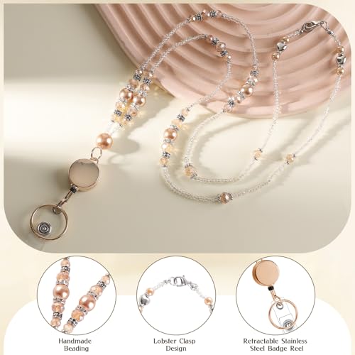Teacher Beaded Lanyard with Retractable Badge Reel, Pearl, Gold - color: Gold