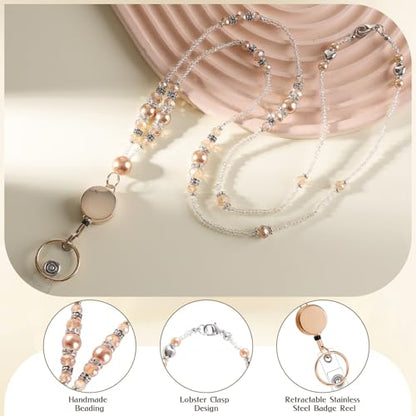 Teacher Beaded Lanyard with Retractable Badge Reel, Pearl, Gold - color: Gold