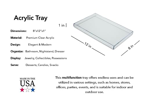 White Acrylic Organizer Tray, 8 x 12 Low-Profile Display & Vanity Tray – BPA-Free, Bathroom, Desk, Decor & Serving (Dry Use Only) - Made in USA - size: 8" x 12" x 1"
