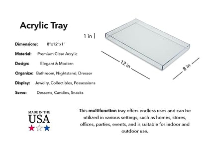 White Acrylic Organizer Tray, 8 x 12 Low-Profile Display & Vanity Tray – BPA-Free, Bathroom, Desk, Decor & Serving (Dry Use Only) - Made in USA - size: 8" x 12" x 1"