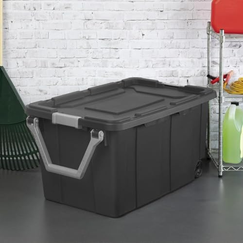 Sufeasdf Wheeled Industrial Tote 40 Gallon/151 Liter Black Lid & Base w/Racer Red Handle & Latches
