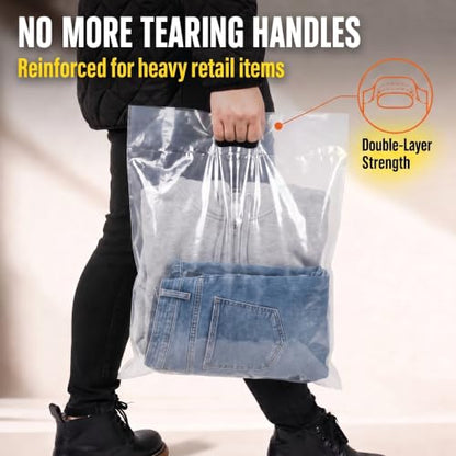 16x18 Large Plastic Shopping Bags for Small Business with Handles, Clear - color: Clear